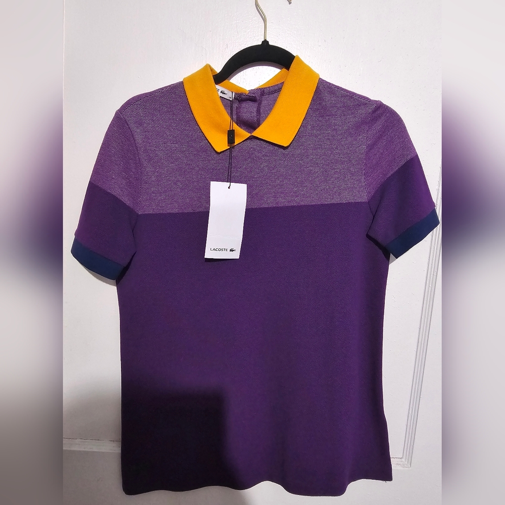 Lacoste Men's Purple Polo with Yellow Collar